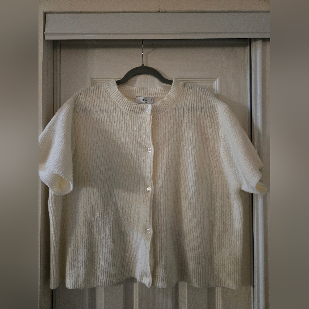Cream Short-Sleeve Button-Up Knit Cardigan
